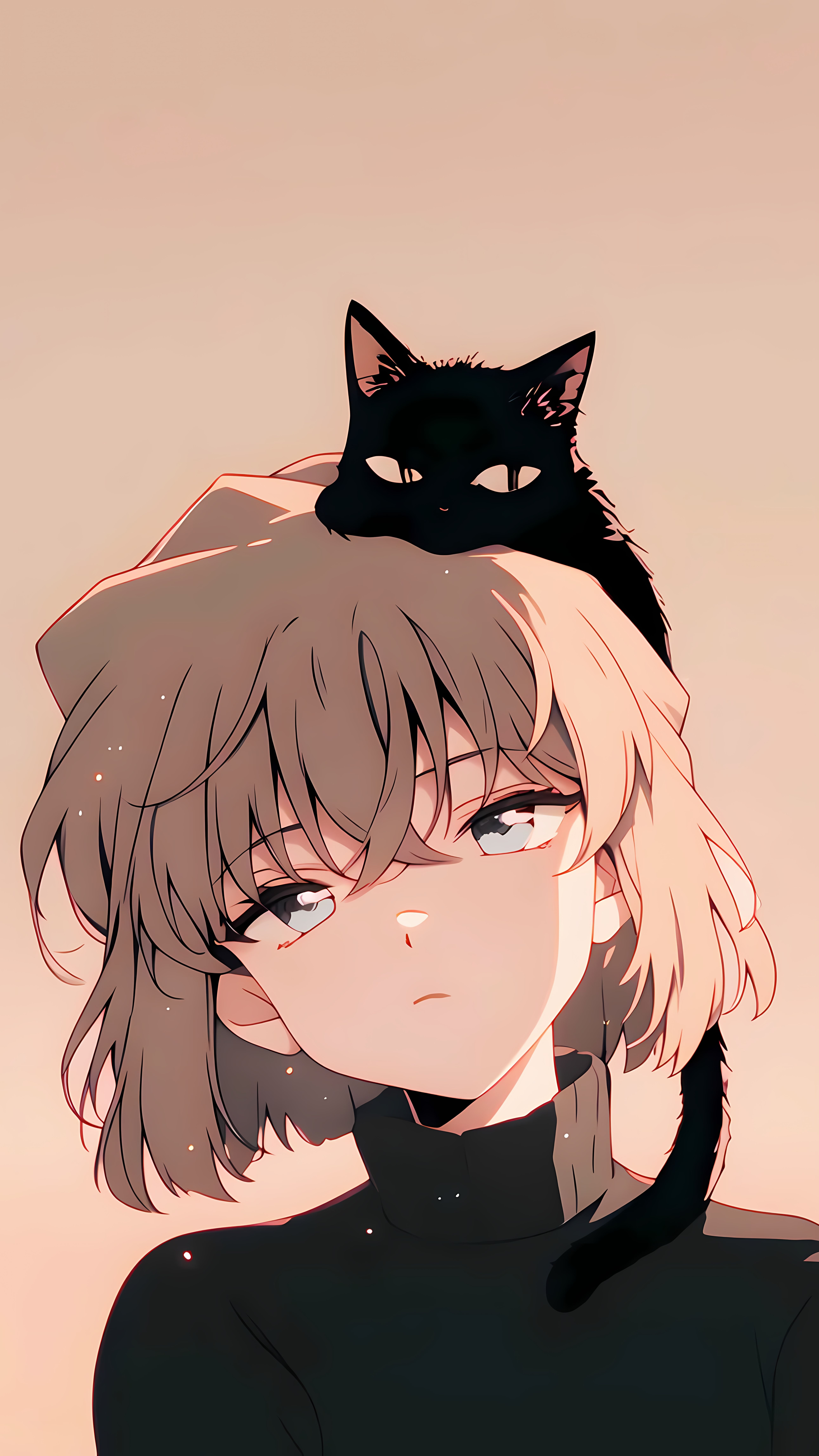 灰原哀头顶黑猫治愈动漫壁纸 名侦探柯南暖调日系竖版手机锁屏
