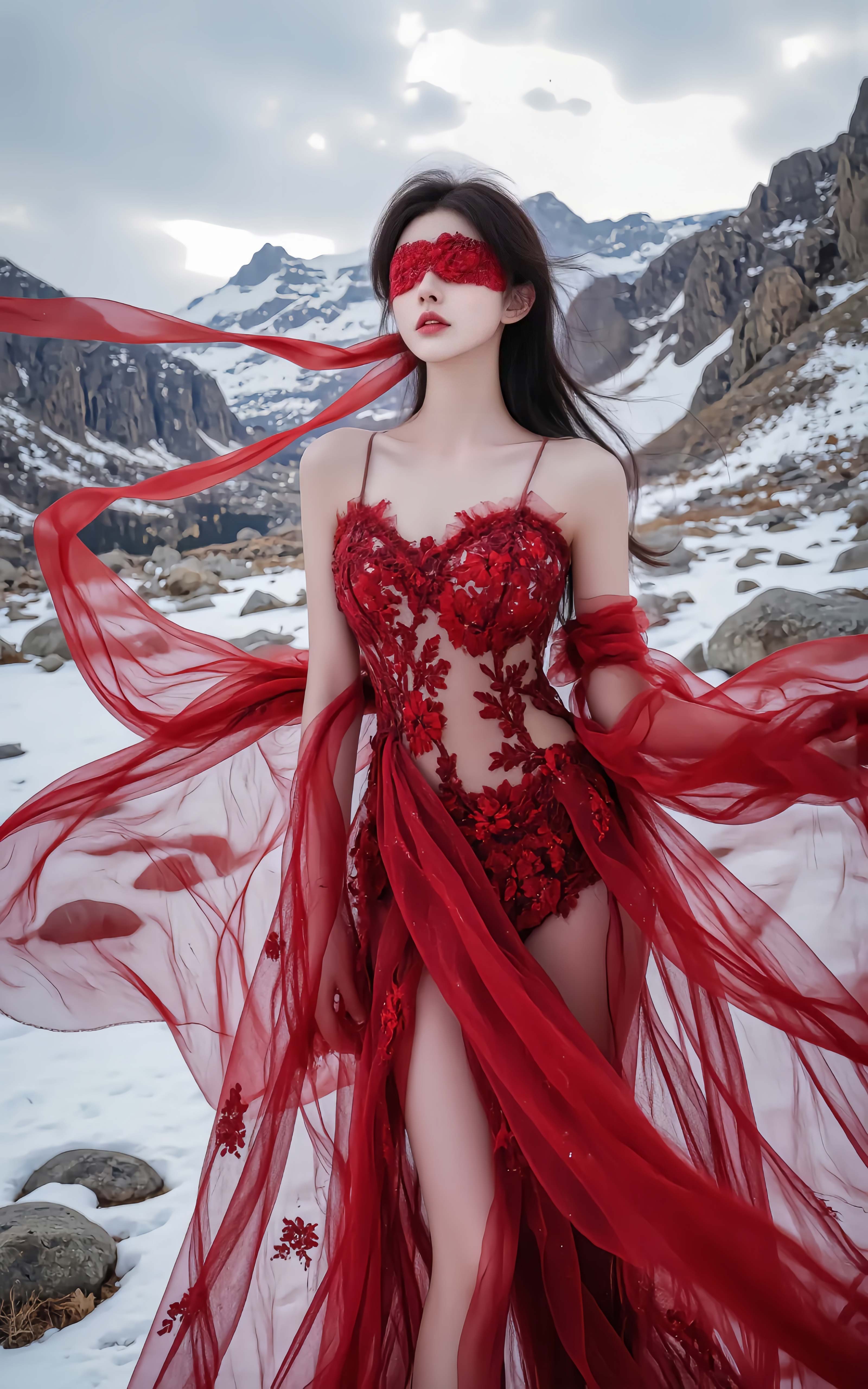 雪山红裙蕾丝蒙眼少女 4K 手机壁纸｜清冷国风人像竖版锁屏背景
