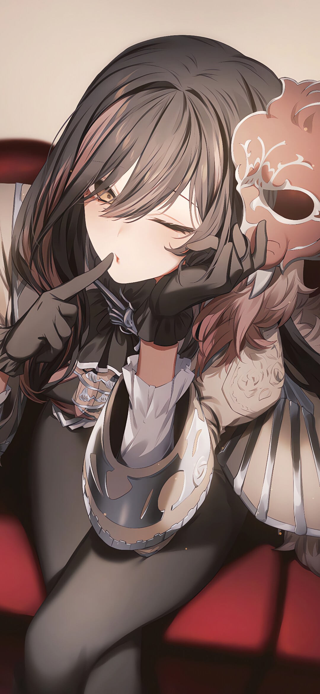 复古优雅二次元 4K 高清手机壁纸 棕黑长卷发少女剧院面具动漫原画