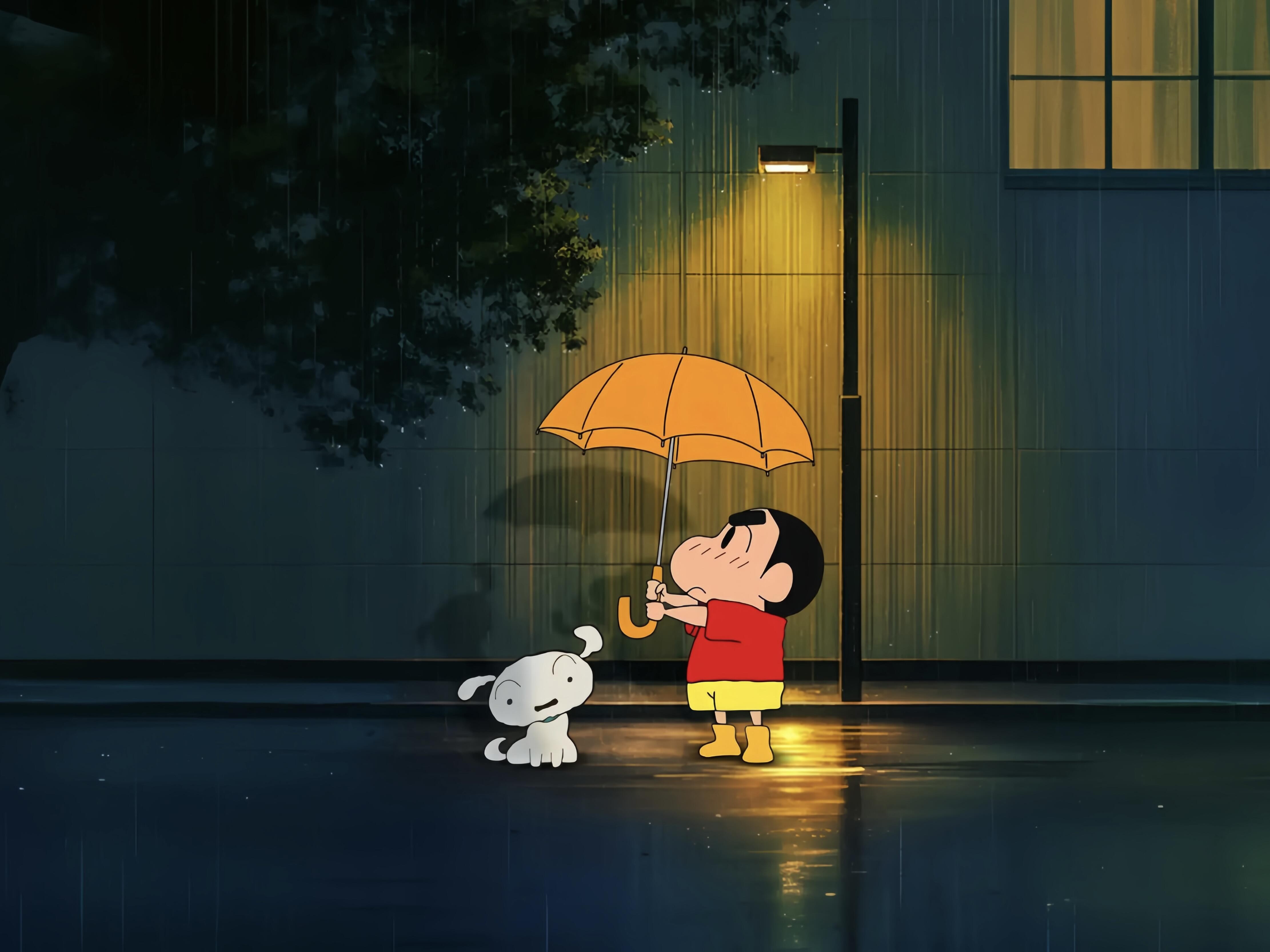 4K 雨夜路灯蜡笔小新小白撑伞电脑壁纸 治愈动漫插画