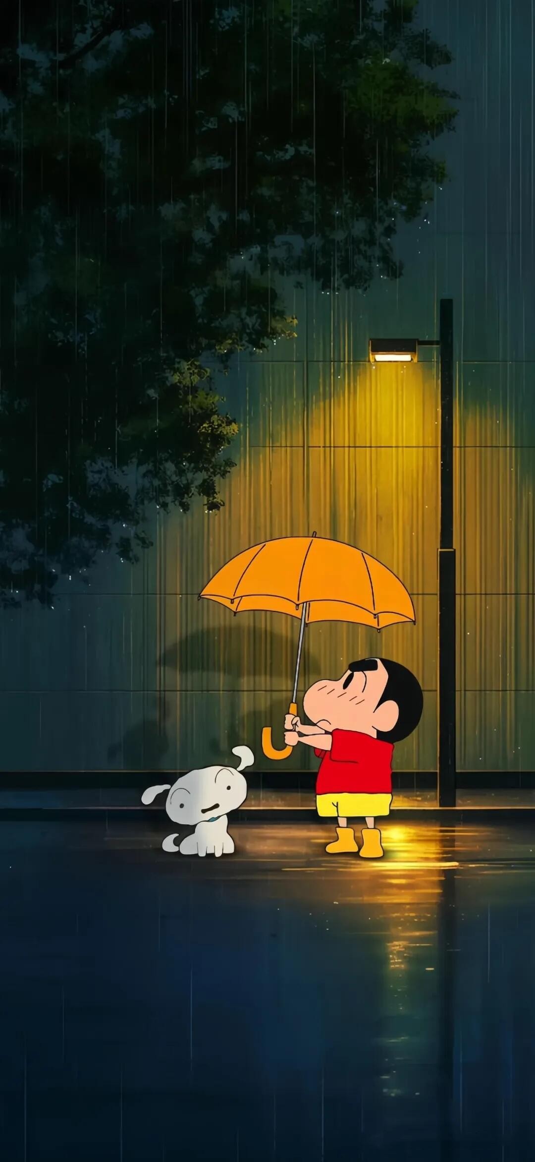 4K 高清无水印,雨夜路灯下蜡笔小新给小白撑橙色雨伞手机壁纸,治愈动漫插画