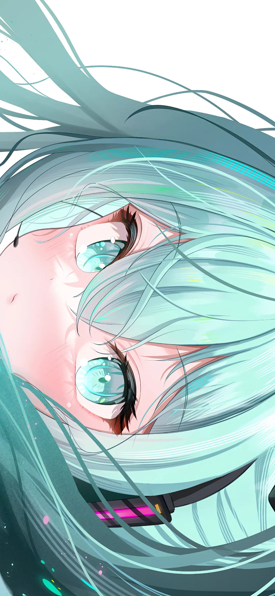 4K 高清无水印初音未来竖版手机壁纸,倒置特写,薄荷青长发,通透青碧大眼睛,日系二次元动漫插画