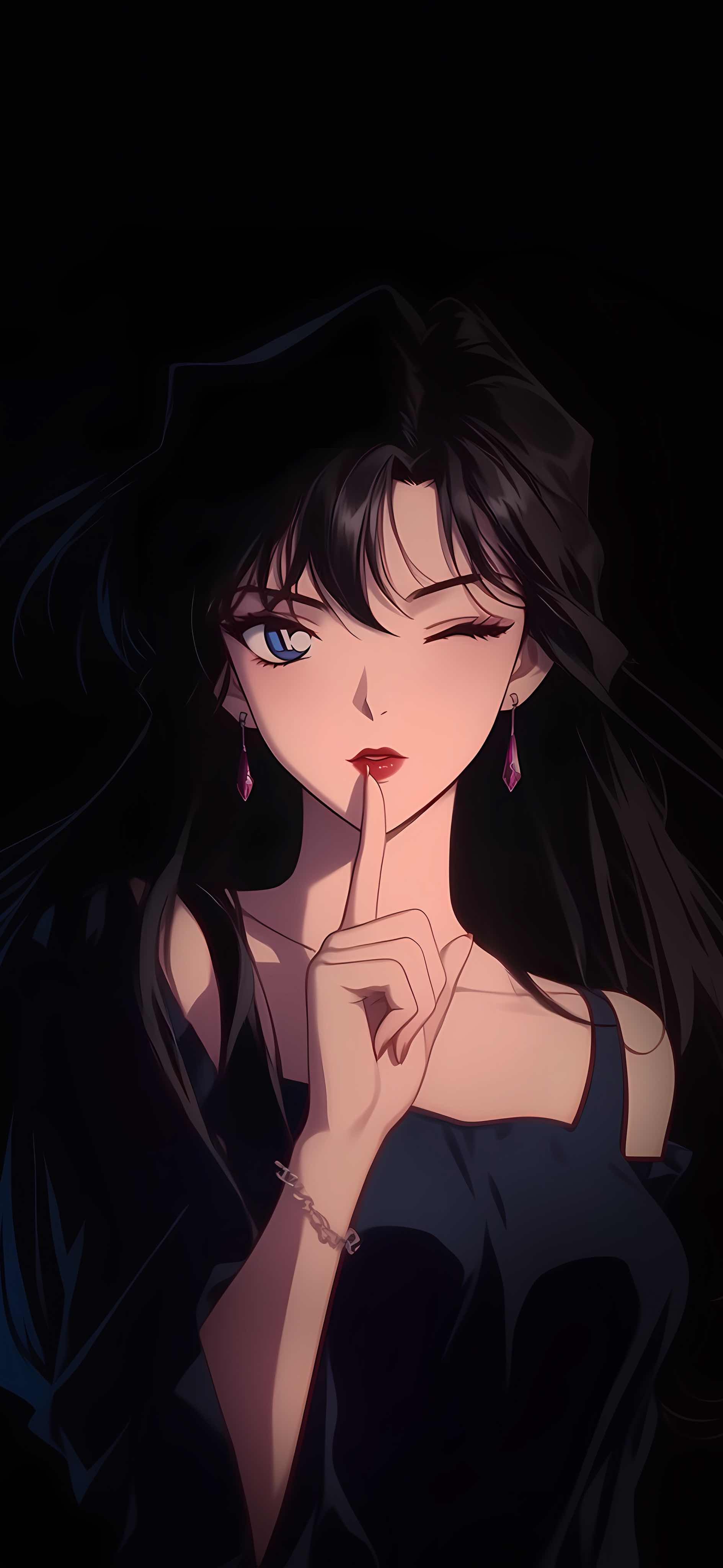 冷艳御姐复古动漫女生壁纸 黑背景 wink 嘘手势竖版手机锁屏