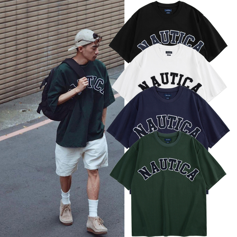 Japanese Style Nautica Simple Loose Short-Sleeve Men's Letter Embroidery Printed T-Shirt Summer Crew Neck Casual Heavyweight 300g Japanese Style Nautica Simple Loose Short-Sleeve Men's Letter Embroidery Printed T-Shirt Summer Crew Neck Casual Heavyweight 300g