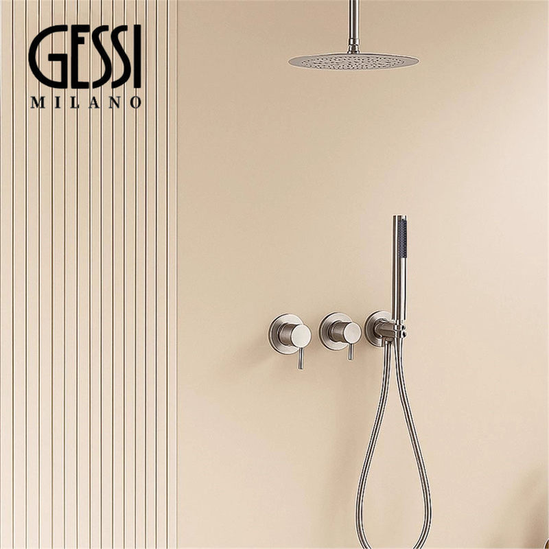Italian Gessi Minimalist Brushed Nickel Concealed Embedded Wall-Mounted Shower Set All-Copper Hot and Cold Water