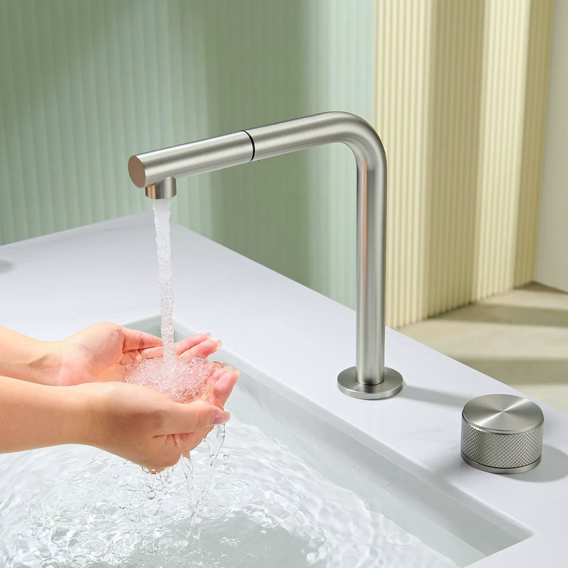 Italian Minimalist Brushed Nickel Pull-Out Basin Sink Double-Hole Swivel Island Faucet Italian Minimalist Brushed Nickel Pull-Out Basin Sink Double-Hole Swivel Island Faucet