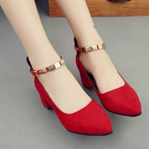 Spring and Autumn and Winter Ancient High-heels Womens Single Bold and Pregnant Womens Red Shoes Mid-heel Lace Wedding Shoes New Leather Shoes