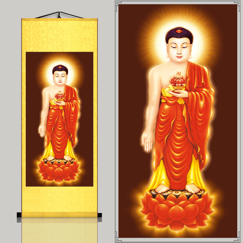 High-definition Amitabha Buddha statue silk scroll hanging painting Western three holy Guanyin Bodhisattva vertical version has been mounted