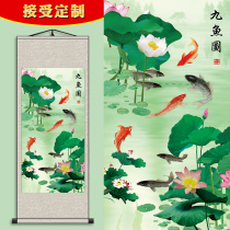 Living room gongbi hand-painted peony blossoms rich feng shui porch Lotus nine fish decorative painting vertical oil painting mural