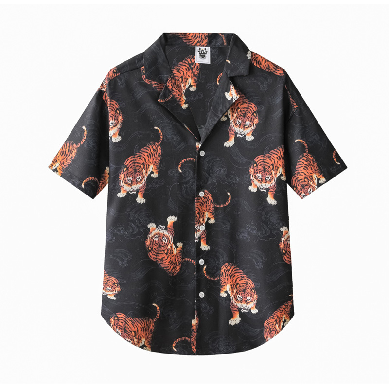 Zkeazs Tiger Print Shirt Men's Hawaiian Beach Top Cuban Collar Loose Large Size Short-Sleeved Shirt Trendy Brand