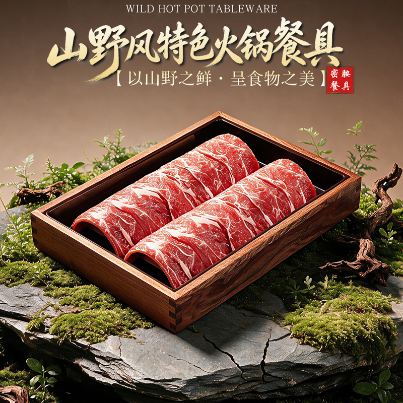 Mountain-Style Hot Pot Melamine Tableware, Beef-Specific Sapele Wood Box, Freshly Cut Snowflake Wagyu Beef Plate, Shabu-Shabu Platter Mountain-Style Hot Pot Melamine Tableware, Beef-Specific Sapele Wood Box, Freshly Cut Snowflake Wagyu Beef Plate, Shabu-Shabu Platter
