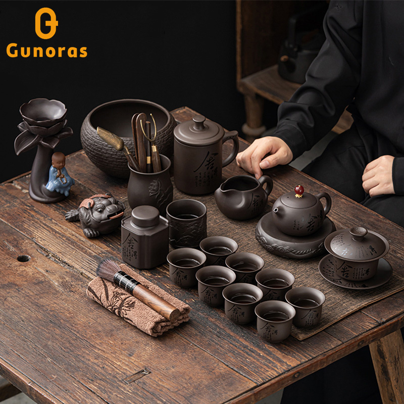 Purple Clay Complete Tea Set, Light Luxury High-End Teapot, Gaiwan, Teacup, Home Living Room Ceramic Kung Fu Gift Set