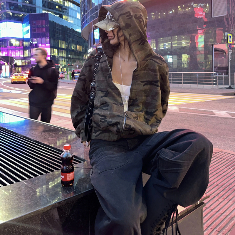 Heavyweight American Retro Camouflage Hooded Sweatshirt for Men and Women, Autumn Trendy Brand Casual Loose Slimming Zipper Cardigan Jacket