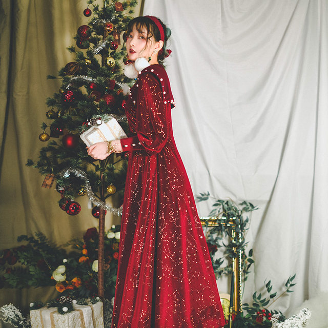 Miai Original <The Nutcracker> New Year Limited Winter Goose Velvet Retro Pearl Red Long Skirt Women's Dress