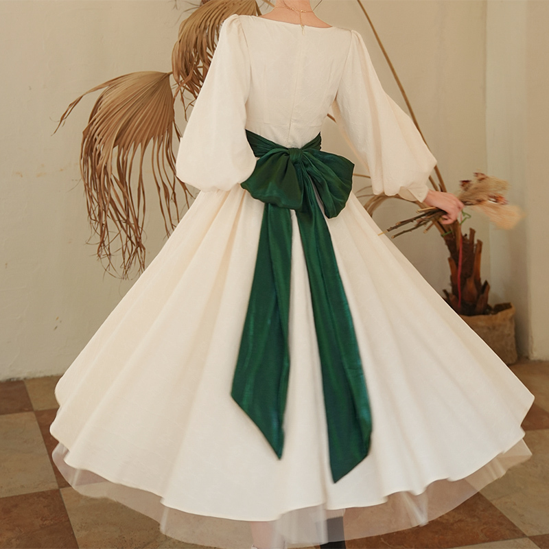 Mi Ai's Original Work, the French Court-Style Retro Lace-Up Bow Jacquard Umbrella Skirt Dress from the Collection of Moonlight Ball