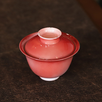 Jingdezhen Firewood Burning Lid Bowl single tea bowl Artisanal Creative Su powder red Gongfu Tea with ceramic household