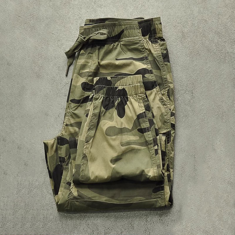 Musonmu Trendy Brand Pure Cotton Camouflage Cargo Pants Men's Summer Breathable Quick-Drying Loose Leg Elastic Waist Casual Pants
