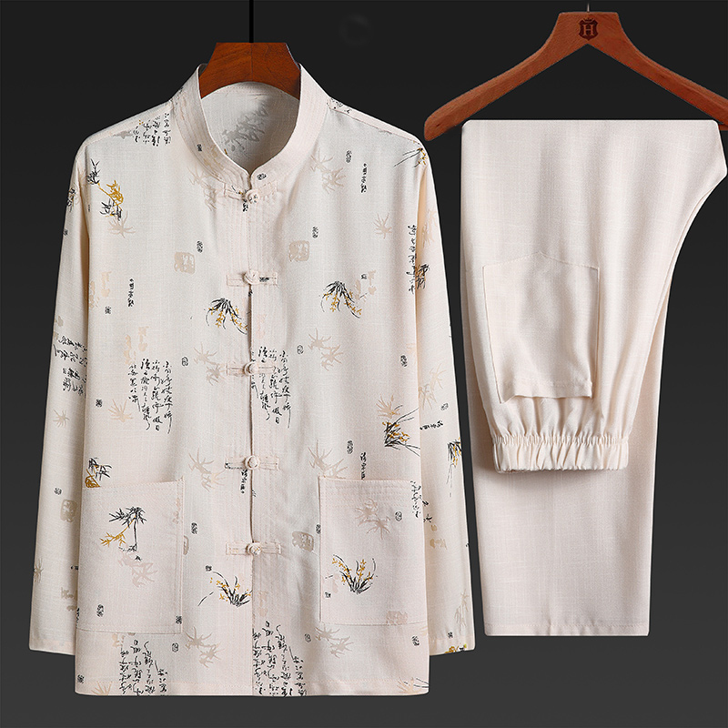 Cotton and Linen Long-Sleeved Tang Suit for Men, Spring and Summer Chinese Style Pajamas, Large Size Linen Fabric, Middle-Aged Dad and Grandpa Outfit, Home Wear Cotton and Linen Long-Sleeved Tang Suit for Men, Spring and Summer Chinese Style Pajamas, Large Size Linen Fabric, Middle-Aged Dad and Grandpa Outfit, Home Wear