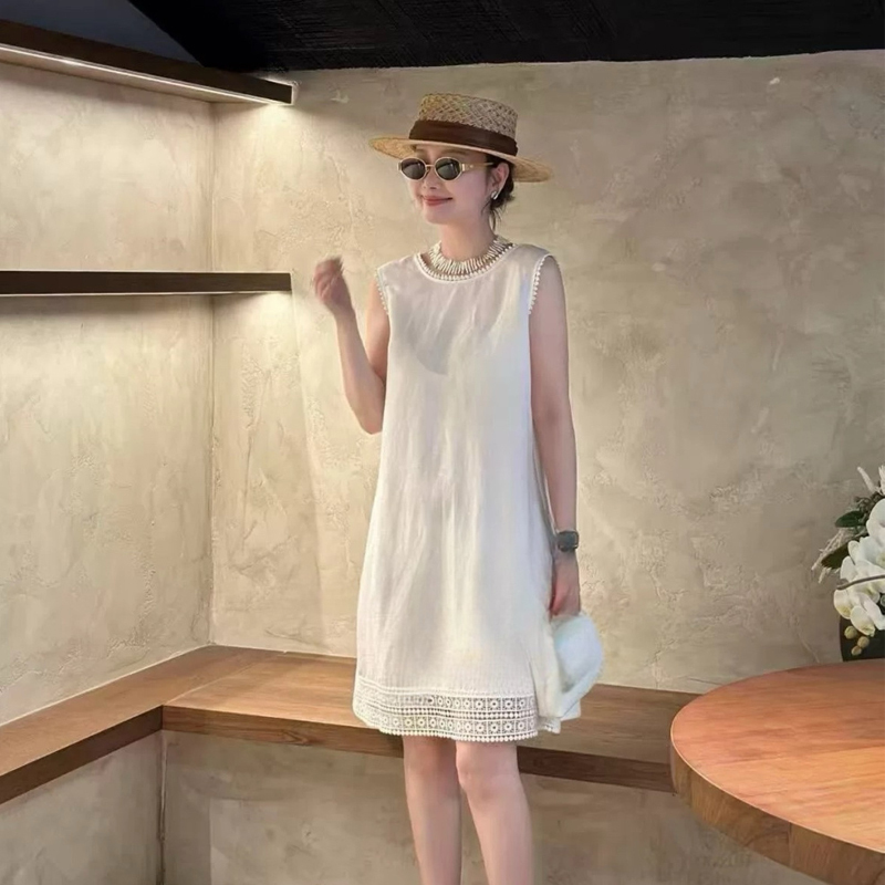 Nanyou High-Quality Goods! Simple Vacation Style Sleeveless Dress for Women, White Loose Bowknot Linen A-Line Short Dress C801