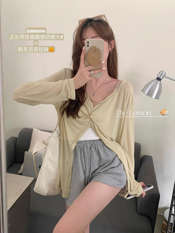 Summer V-Neck Asymmetrical Slit Reversible Long-Sleeve Sun Protection Shirt T-Shirt for Women, Thin Knitted Ice Silk Cover-Up Top Summer V-Neck Asymmetrical Slit Reversible Long-Sleeve Sun Protection Shirt T-Shirt for Women, Thin Knitted Ice Silk Cover-Up Top