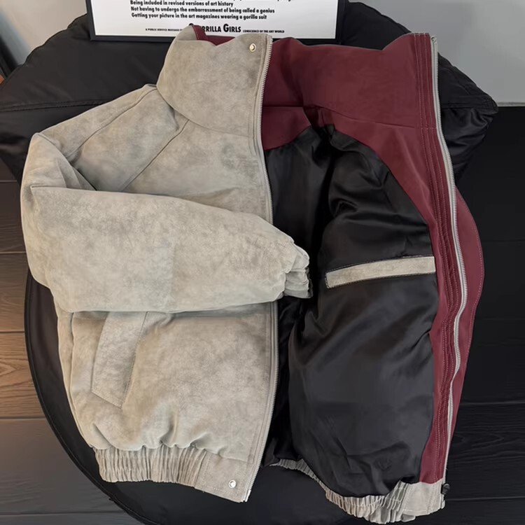 American-Style Distressed Pu Leather down Jacket for Men, Winter Thickened Warm Washable Couple's Short Puffer Jacket with Airplane Buckle American-Style Distressed Pu Leather down Jacket for Men, Winter Thickened Warm Washable Couple's Short Puffer Jacket with Airplane Buckle
