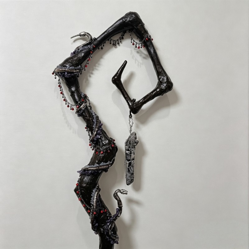 Hand-Wrapped Natural Crystal Snake Staff, Dark Style Witch Magic Scepter, Cosplay Prop, Solid Wood Cane