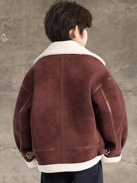 Boys' Winter Jacket 2025 New Model for Older Children, Leather and Fur Integrated Lamb Wool Children's Thickened Warm Jacket Cotton Coat