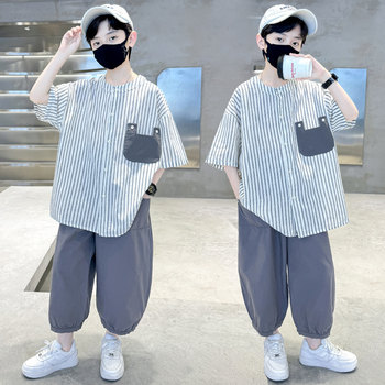 Boys' Summer Outfit 2025 New Children's Fashion Thin Sports Set for Older Boys, Summer Striped Stylish Trendy