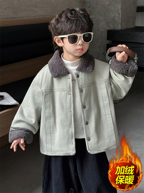 Boys' Fleece-Lined Jacket Autumn and Winter 2025 New Stylish Thickened Jacket for Boys Children's Padded Denim Top