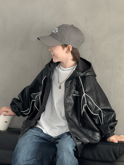 Boys' Autumn Hooded Leather Jacket 2025 New Style for Older Children, Waterproof Casual Outerwear, Stylish and Trendy Children's Clothing