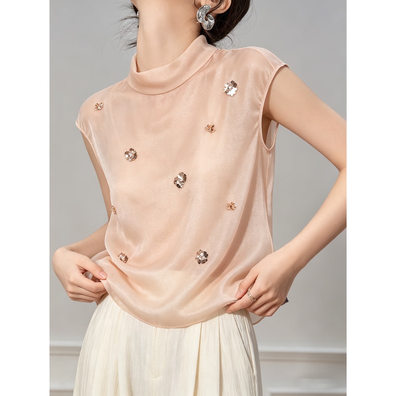 Pink Ruffled Collar Beaded Lotus Pink Sleeveless Vest T-Shirt for Women, Summer Outfit with a Sense of Design, New Style Top Pink Ruffled Collar Beaded Lotus Pink Sleeveless Vest T-Shirt for Women, Summer Outfit with a Sense of Design, New Style Top