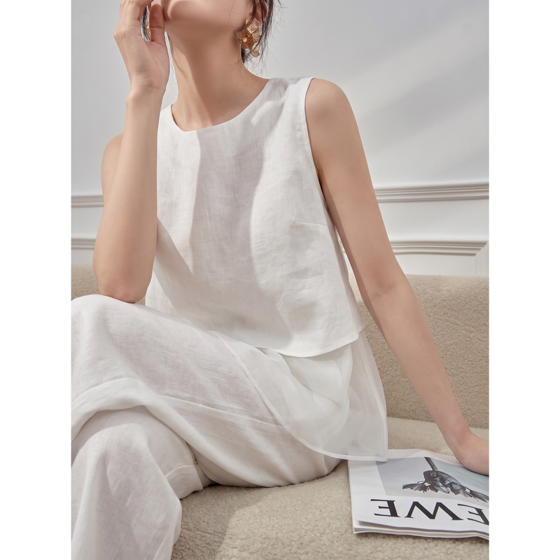 White Linen Design Patchwork Sleeveless Top and Pants Set for Women, New Summer Style, Pure White Moonlight Outfit Set