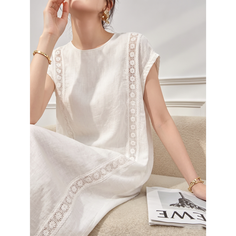 Artistic Style White Hollow-Out Floral Linen Short-Sleeve Dress, Elegant Dress for Beach Photoshoots, White Dress for Women, Summer