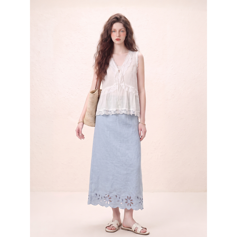 Lace-Up Ruffle Hem Top and Blue Linen Skirt, Very Beautiful Two-Piece Set for Women in Summer