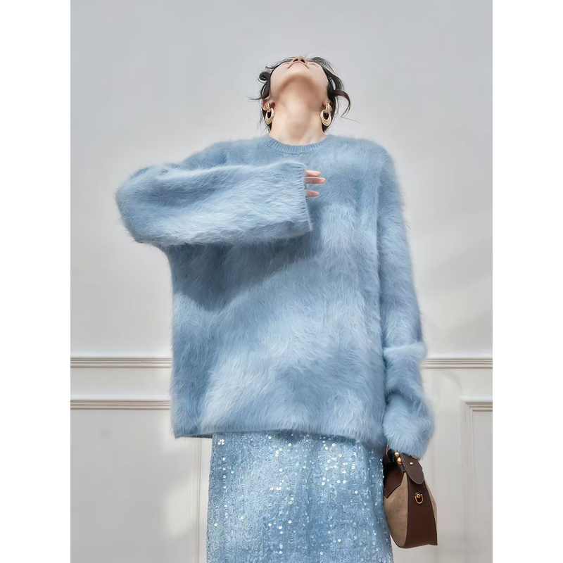 Blue Mohair Brushed Loose Soft Knit Sweater for Women, 2026 New Winter Style, Casual Inner Wear Top Blue Mohair Brushed Loose Soft Knit Sweater for Women, 2026 New Winter Style, Casual Inner Wear Top