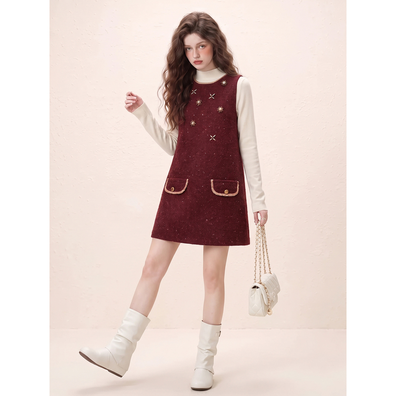 Burgundy Fine Glitter Three-Dimensional Floral Sleeveless Tank Dress, French-Style Chic Dress with an Intellectual Vibe, Elegant Autumn Outfit