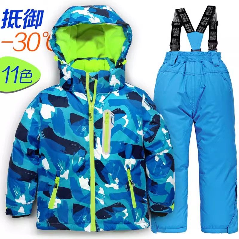 Korean Children's Ski Suit Set for Girls, Outdoor Thickened Waterproof and Windproof Boys' Baby Ski Jacket and Pants Equipment, Trendy