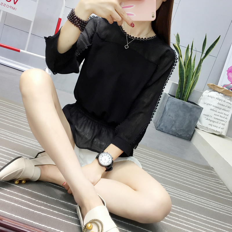 Mùa xuân 2019 mới Hàn Quốc ngọt ngào ren chiến đấu nhận thắt lưng thời trang lỏng tay áo voan bảy điểm áo khoác nữ kiểu áo sơ mi nữ tay lỡ