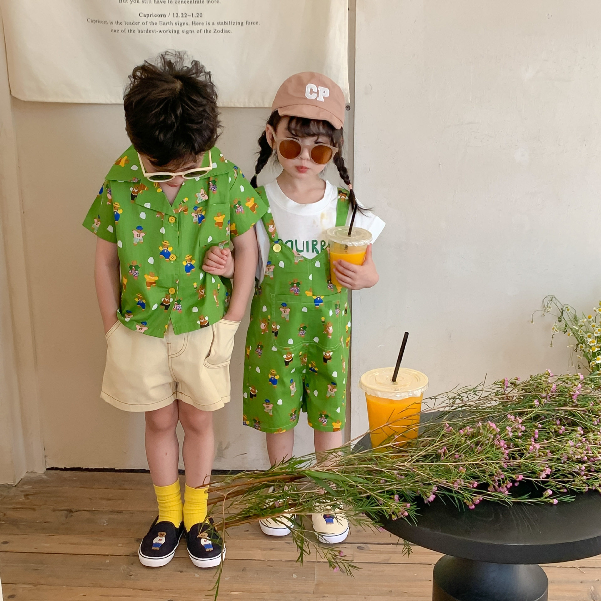 Korean children's clothes girls sister dress 2022 summer new children cartoon bear strap pants cute siblings