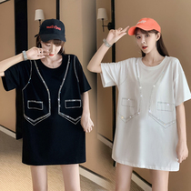 White short sleeve T-shirt Women in summer 2022 New Euro Heavy Industries Ironing Drill Big version loose with long-style blouses