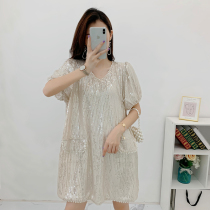 Gats up the code Womens dress foreign air bright sheet Nails Beads Fat Mm Hymn Dress Woman Foreign Air loose Thin Summer New