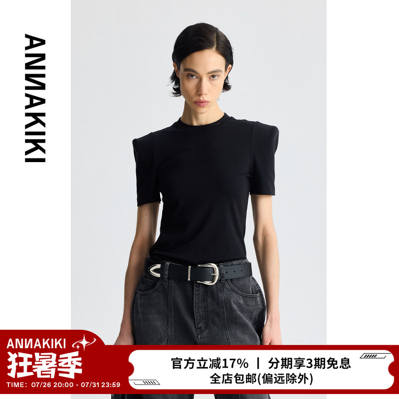Annakiki T-Shirt [Same Style as Wang Herun] Slim Fit Stretchy Right-Angle Shoulder Short-Sleeve T-Shirt with Shoulder Pads for Women