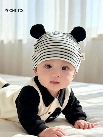 Infant and toddler hats, spring and autumn striped ears, sun protection, thin newborn baby hats, male and female babies, small-month-old pullover hats