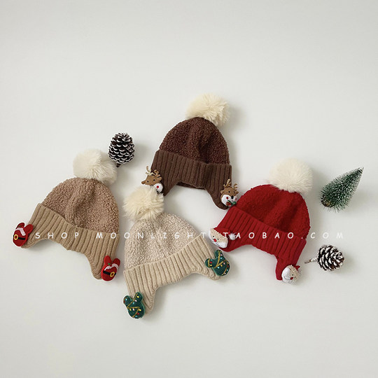 Christmas big fur ball children's hat winter men and women thickened warm baby baby windproof plus velvet newborn ear protection hat