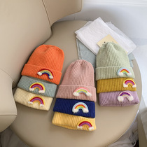 Children's hat autumn and winter warm curling rainbow wool hat for boys and girls Japanese and Korean cute knit hat baby windproof