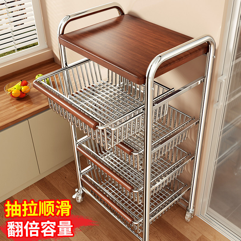 Japanese Imported Mujie Kitchen Multi-Functional Storage Rack Trolley, Household Floor-Standing Mobile Pull-Out Multi-Layer Storage Rack