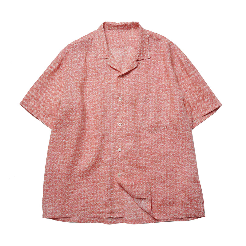 Uncle Xiao's Original Vintage Peach Pink Abstract Octagonal Pattern Cuban Collar Loose Casual Pure Linen Short-Sleeved Shirt