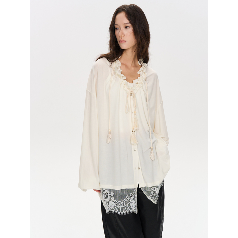 [Clearance 40% off Buy 5 Get 1 Free] Lyocell Wool Wrinkle Design V-Neck Ruffle Lace Trim Shirt