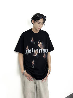 Aknife original American retro flame rose short-sleeved small collar Chinese trend T-shirt for men, ins streetwear couple