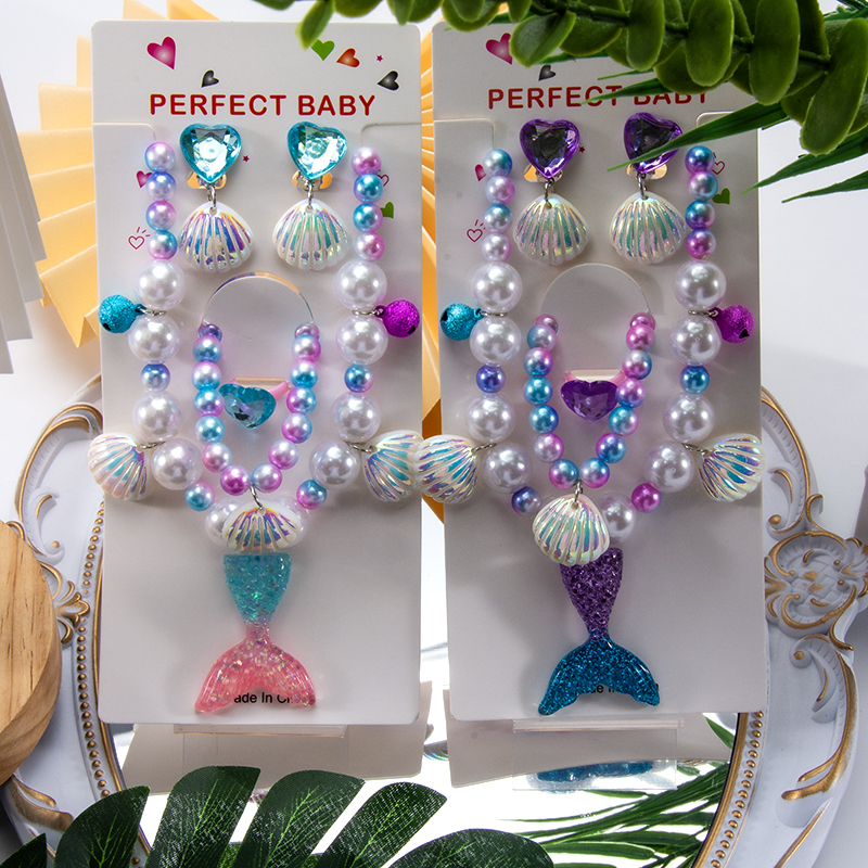 Children's Jewelry Pearl Necklace Bracelet Fishtail Transparent Large Shell Unicorn Girl Ring Toy Jewelry Set